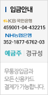 입금안내. 국민은행 1234-123-1234. NH농협은행 1234-123-1234. 예금주 : 경규성. 무동장 입금과 모든 신용카드 결제가 가능합니다.